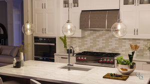 3d rendering of a kitchen with Urban Ambiance's UHP2642 Vintage Pendant, unique lamp, Glasgow Collection cabinets and counter tops.