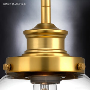 Close-up of the Urban Ambiance UHP2643 Vintage Pendant from the Glasgow Collection, featuring a native brass finish with a polished look and visible screws. The upper left corner is labeled “Native Brass Finish.” This versatile fixture seamlessly brings vintage modern lighting to any space.