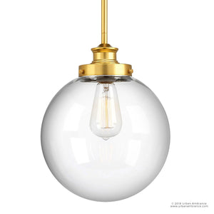 Illuminate your space with the UHP2643 Vintage Pendant from the Glasgow Collection by Urban Ambiance, featuring a clear glass globe, native brass finish fixture, and exposed filament bulb suspended from a rod—a striking piece of vintage modern lighting measuring 12-3/4″ high by 9-3/4″ wide.