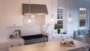 A kitchen with white cabinets, a unique Urban Ambiance UHP2644 Vintage Pendant, 15