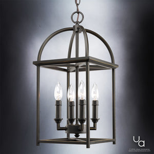An Urban Ambiance lighting fixture with three beautiful candle lights hanging from it.