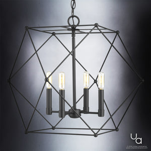 The Urban Ambiance UHP2703 Contemporary Chandelier from the Aberdeen Collection features a midnight black finish and an open polygonal frame with four exposed bulbs, suspended from a chain. Measuring 19″ high by 23.5″ wide, this modern fixture stands out against a gradient background.