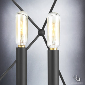 A pair of UHP2703 Contemporary Chandeliers from the Aberdeen Collection by Urban Ambiance in a sleek midnight black finish, each featuring a geometric candle-style design, are showcased against a metallic gray backdrop with intersecting diagonal black lines.