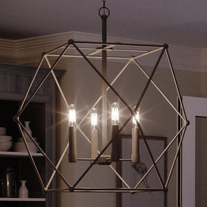 The UHP2703 Contemporary Chandelier from the Aberdeen Collection by Urban Ambiance features a striking geometric metal design in a midnight black finish, with four exposed bulbs suspended from the ceiling. Measuring 19″ high by 23.5″ wide, this modern industrial pendant light adds a sophisticated touch to any softly lit room.