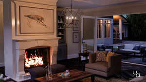 A living room with a lit fireplace, armchair, coffee table, and artwork above the mantel. The space is illuminated by the Urban Ambiance UHP2703 Contemporary Chandelier from the Aberdeen Collection, featuring a midnight black finish and measuring 19 inches high by 23.5 inches wide, which adds a stylish touch overhead. Glass doors open to an outdoor patio with seating and a pool.