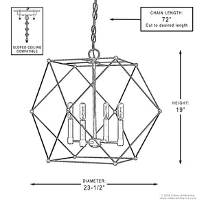 Illuminate your space with the Urban Ambiance UHP2703 Contemporary Chandelier from the Aberdeen Collection, featuring a sleek midnight black finish and a geometric metal frame measuring 19 inches high by 23.5 inches wide. Compatible with sloped ceilings, this modern fixture includes a 72-inch adjustable chain and showcases four candle-style lights for a striking appeal.