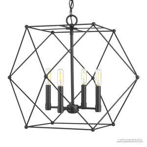 The UHP2703 Contemporary Chandelier from Urban Ambiance’s Aberdeen Collection features a modern geometric design with exposed bulbs inside a metal wireframe cube, finished in midnight black and suspended by a chain. Measuring 19 inches high by 23.5 inches wide, this striking fixture adds contemporary flair to any space.