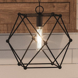An UHP2704 Contemporary Pendant Light, 11.25"H x 12"W, Midnight Black Finish from the Aberdeen Collection by Urban Ambiance hanging from a wooden ceiling is a unique lighting fixture