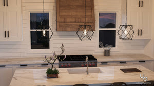 A rendering of a luxury kitchen with the Urban Ambiance UHP2704 Contemporary Pendant Light and Aberdeen Collection cabinets.
