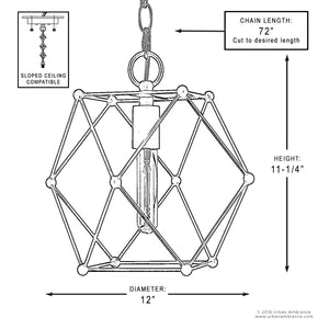 A diagram showing the beautiful dimensions of a UHP2704 Contemporary Pendant Light, Midnight Black Finish.