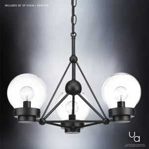 The Urban Ambiance UHP2705 Contemporary Ceiling Fixture from the Aberdeen Collection features a striking geometric design in a midnight black finish. Measuring 14 inches high by 19.625 inches wide, this industrial ceiling light showcases four clear glass globe shades, each housing a bulb and suspended by a chain, making it an eye-catching modern accent for any space.
