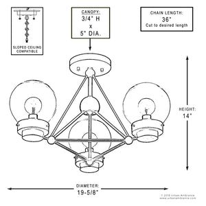 Line drawing of the Urban Ambiance UHP2705 Contemporary Ceiling Fixture from the Aberdeen Collection, in a midnight black finish, featuring three globes. Dimensions shown: 14″ height, 19.625″ width, canopy 3/4″ H x 5″ D, with an adjustable 36″ chain—suitable for sloped ceilings.