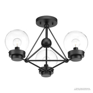 The UHP2705 Contemporary Ceiling Fixture from the Aberdeen Collection by Urban Ambiance features a modern geometric metal frame in a midnight black finish, with three clear glass globe shades arranged symmetrically for an industrial-inspired look. Measuring 14″ high by 19.625″ wide, this fixture enhances any space with its striking design.