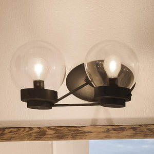 Two gorgeous UHP2706 Contemporary Bathroom Vanity Lights, 6.5"H x 14.125"W, Midnight Black Finish, Aberdeen Collection by Urban Ambiance hanging on a wall in