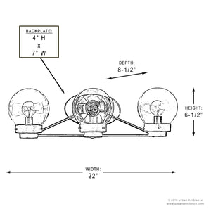 Line drawing of the Urban Ambiance UHP2707 Contemporary Bathroom Vanity Light from the Aberdeen Collection, featuring three clear glass globe fixtures in a midnight black finish; wall-mounted with labeled dimensions: 22″ width, 6.5″ height, 8.5″ depth, and a 4″ x 7″ backplate—perfect for adding a modern touch to your bathroom décor.