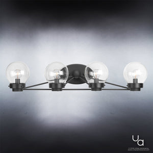 An UHP2708 Contemporary Bathroom Vanity Light with four glass globes on a black background, part of the Aberdeen Collection by Urban Ambiance, beautiful and luxurious.