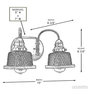 Line drawing of the Urban Ambiance UHP2720 Vintage Bathroom Vanity Light from the Eugene Collection, featuring labeled dimensions: width 15″, height 8-3/8″, depth 8-3/8″, and backplate 5″ H x 7″ W. This two-light industrial fixture in a brushed nickel finish showcases clean lines and functional design—perfect for lending timeless style to any space.