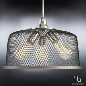 The Urban Ambiance UHP2728 Vintage Chandelier from the Eugene Collection features three exposed bulbs enclosed in a rustic mesh cage shade, suspended from a ceiling rod. Measuring 10.25 inches high by 16 inches wide and finished in brushed nickel, this fixture is showcased against a neutral background.