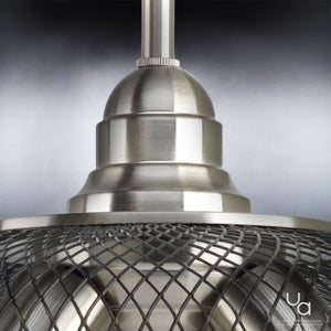 Close-up of the Urban Ambiance UHP2728 Vintage Chandelier from the Eugene Collection, featuring a 16-inch wide brushed nickel finish and mesh wire cover, set against a gradient gray background.