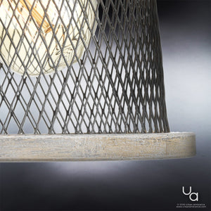 Close-up of the UHP2728 Vintage Chandelier from Urban Ambiance’s Eugene Collection, featuring a metal wire lampshade with a visible bulb inside and set on a wooden base, all in an elegant Brushed Nickel Finish. Measuring 10.25 inches high by 16 inches wide, this industrial pendant light adds character and modern flair to any space. The Urban Ambiance logo appears in the bottom right corner against a gradient gray background.