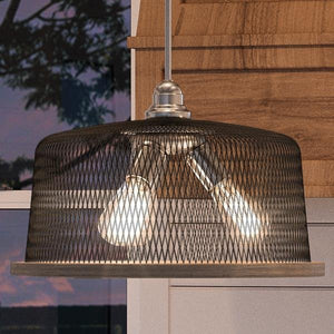 A brushed nickel UHP2728 Vintage Chandelier from Urban Ambiance’s Eugene Collection, featuring a 10.25″ high by 16″ wide design, hangs in front of a wooden cabinet and window.