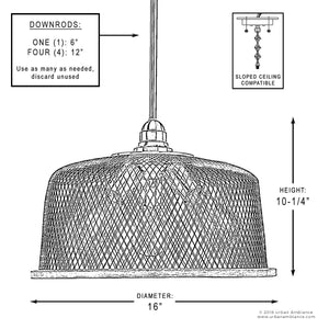 Black and white diagram of the Urban Ambiance UHP2728 Vintage Chandelier from the Eugene Collection, in Brushed Nickel Finish, showing dimensions: 16″ width and 10.25″ height. Includes downrod options and a note for sloped ceiling compatibility.