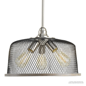 The Urban Ambiance UHP2728 Vintage Chandelier from the Eugene Collection is a striking industrial-style fixture with three exposed bulbs, featuring a brushed nickel finish and metal frame, measuring 10.25 inches high by 16 inches wide.