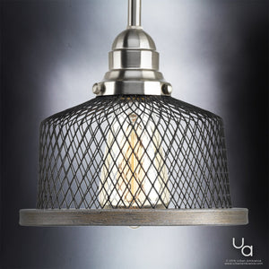 The Urban Ambiance UHP2730 Vintage Pendant Light from the Eugene Collection features a brushed nickel finish and measures 7 inches high by 8 inches wide. Its design includes an industrial-style metal cage with a visible vintage bulb, black wire mesh shade, and wood trim at the bottom, set against a gray background.