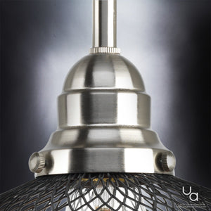 Close-up of the Urban Ambiance UHP2730 Vintage Pendant Light from the Eugene Collection, featuring a 7-inch high by 8-inch wide domed top in a brushed nickel finish and a wire mesh shade, shown against a neutral background.