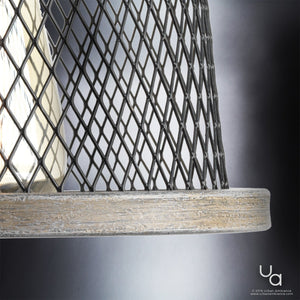 Close-up of the UHP2730 Vintage Pendant Light from the Eugene Collection by Urban Ambiance, featuring a metal wire mesh lampshade with a wooden base in a brushed nickel finish. The partially visible light bulb highlights the charm of industrial pendant design. The bottom right corner displays the “Urban Ambiance” logo and text.