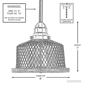 Black and white diagram of the Urban Ambiance UHP2730 Vintage Pendant Light from the Eugene Collection, featuring a rustic wire mesh cage design in a brushed nickel finish. The pendant measures 7 inches high by 8 inches wide and includes labeled downrod options as well as compatibility with sloped ceilings, making it an ideal choice for adding character to any space.