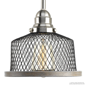 The Urban Ambiance UHP2730 Vintage Pendant Light from the Eugene Collection features a brushed nickel finish, a metal mesh shade with exposed bulb, and wood trim along the bottom edge that evokes the charm of rustic cage lighting, beautifully displayed against a white background.