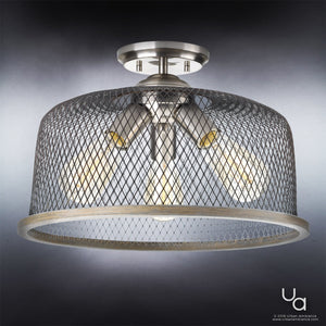 The Urban Ambiance UHP2732 Vintage Ceiling Fixture from the Eugene Collection features a brushed nickel finish, a metal mesh drum shade, and space for three bulbs, casting a gentle glow in any setting.