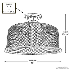 Black-and-white diagram of the Urban Ambiance UHP2732 Vintage Ceiling Fixture from the Eugene Collection, featuring a cage light mesh design in brushed nickel finish. Diagram shows measurements: canopy 1″ H x 5-1/8″ diameter, fixture 16″ W x 10.25″ H, with labels and arrows indicating dimensions.