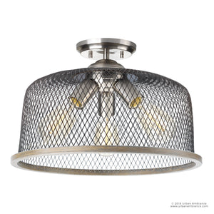 The Urban Ambiance UHP2732 Vintage Ceiling Fixture from the Eugene Collection features an industrial modern design with a metal mesh shade, brushed nickel finish, and three exposed bulbs. Measuring 10.25 inches high by 16 inches wide, this semi-flush mount light evokes the vintage charm of a classic cage fixture.