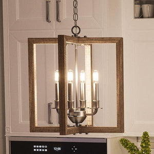 A beautiful UHP2740 Modern Farmhouse Chandelier in a kitchen with a wooden frame.