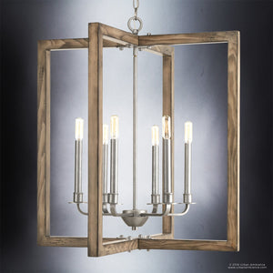 Brighten your space with the Urban Ambiance UHP2741 Modern Farmhouse Chandelier from the Brighton Collection, featuring galvanized steel candle-style arms and a geometric rustic wood frame, designed to showcase six exposed bulbs and suspended elegantly by a chain. Dimensions: 28-3/4″ high by 26″ wide.