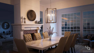 A modern dining room featuring a white table, beige chairs, a decorative fireplace, and large windows overlooking a cityscape at dusk, illuminated by the Urban Ambiance Brighton Collection UHP2741 Modern Farmhouse Chandelier in galvanized steel finish (28-3/4″H x 26″W).