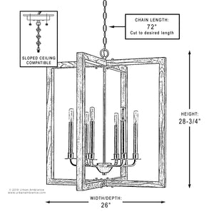 Black and white diagram of the Urban Ambiance UHP2741 Modern Farmhouse Chandelier from the Brighton Collection, featuring a rectangular design with six lights, measuring 28-3/4″ high by 26″ wide, finished in galvanized steel, and equipped with a 72″ adjustable chain; includes note for sloped ceiling compatibility.