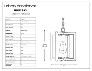 Black and white diagram of the Urban Ambiance UHP2743 Modern Farmhouse Pendant Light from the Brighton Collection, featuring a galvanized steel finish, labeled chain for ceiling mounting, and a specifications chart. Fixture dimensions are 12-1/4 inches in height and 10 inches in width.