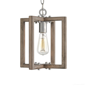 The Urban Ambiance UHP2743 Modern Farmhouse Pendant Light from the Brighton Collection features a 12-1/4″ x 10″ square open frame in a rustic wood design with galvanized steel accents and an exposed vintage-style bulb, offering a seamless blend of classic farmhouse charm and contemporary style.
