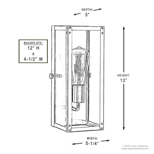 Black and white diagram of the UHP2750 Luxe Industrial Electric Bath / Wall Light from the Messina Collection by Urban Ambiance, illustrating its dimensions: 12″ height, 5-1/4″ width, 5″ depth, and a backplate measuring 12″ high by 4-1/2″ wide. This stainless steel wall sconce showcases clean lines for a modern, contemporary aesthetic.
