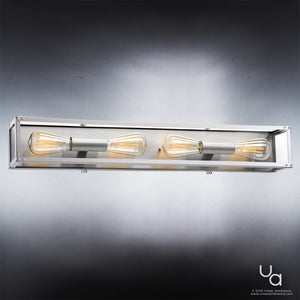 Rectangular wall-mounted bath fixture with a sleek stainless steel finish and exposed Edison-style bulbs, this modern light from the Messina Collection by Urban Ambiance (UHP2752 Luxe Industrial Electric Bath Fixture, 4-1/2″H x 30″W) emits a warm glow that elevates any space.