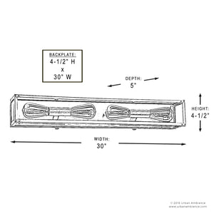The UHP2752 Luxe Industrial Electric Bath Fixture from the Messina Collection by Urban Ambiance is a rectangular wall light measuring 30″ wide, 4.5″ high, and 5″ deep, with a backplate sized at 4.5″ high by 30″ wide. Featuring a sleek stainless steel finish, this modern bath light is perfect for contemporary spaces.