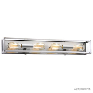Rectangular stainless steel bath fixture from the Messina Collection by Urban Ambiance, featuring a modern industrial design with three exposed Edison bulbs arranged horizontally inside a metal frame. Product name: UHP2752 Luxe Industrial Electric Bath Fixture, 4-1/2″H x 30″W.
