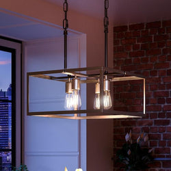 A UHP2753 Modern Farmhouse Chandelier, 9-3/4" x 20", Stainless Steel Finish, from the Messina Collection by Urban Ambiance is hanging as a luxurious