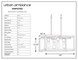 A diagram showing the dimensions of the unique UHP2753 Modern Farmhouse Farmhouse Chandelier, 9-3/4