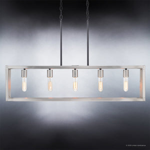 The UHP2754 Modern Farmhouse Chandelier from the Messina Collection by Urban Ambiance features a rectangular design with a sleek stainless steel finish. Measuring 9-3/4″ x 38″, this contemporary fixture is suspended by two chains and displays five exposed LED bulbs, offering modern elegance for any space.