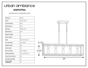 Black and white diagram of the UHP2754 Modern Farmhouse Chandelier by Urban Ambiance from the Messina Collection, featuring dimensions of 9-3/4″ x 38″, a rectangular stainless steel frame, five bulbs, and showcasing its modern farmhouse design with detailed specs and features.