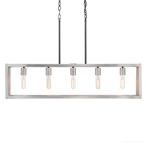 Introducing the Urban Ambiance UHP2754 Modern Farmhouse Chandelier from the Messina collection, featuring a sleek rectangular stainless steel design. Measuring 9-3/4″ x 38″, this striking chandelier is suspended by two rods and chains, and showcases five exposed vertical light bulbs—making it the perfect statement piece for contemporary interiors.